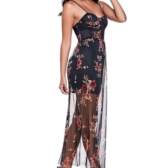Guess XS Black Floral Mesh Maxi Dress Sheer Overlay Spaghetti Strap NWT - Picture 3 of 9